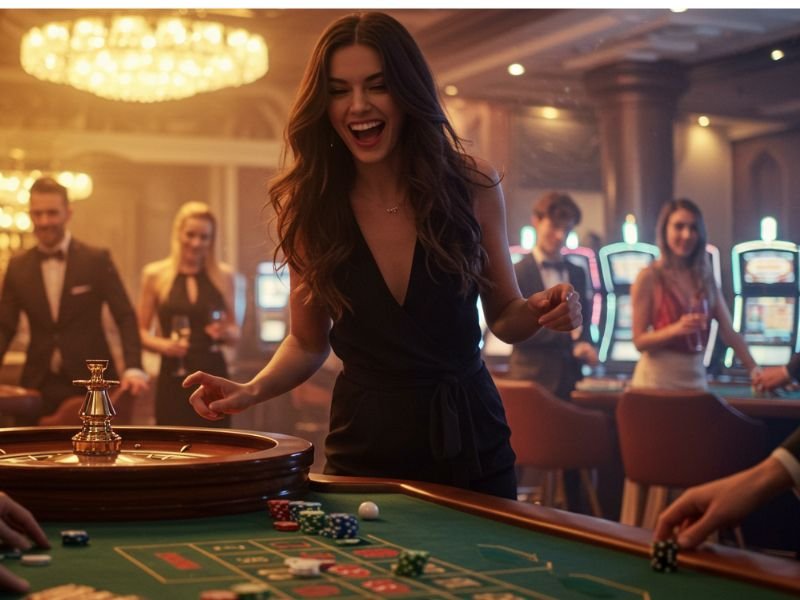 Happy girl enjoying betting and winning at Extreme Gaming88 Casino.