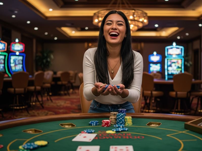 Happy girl winning big at Extreme Gaming88 Casino slot machines.