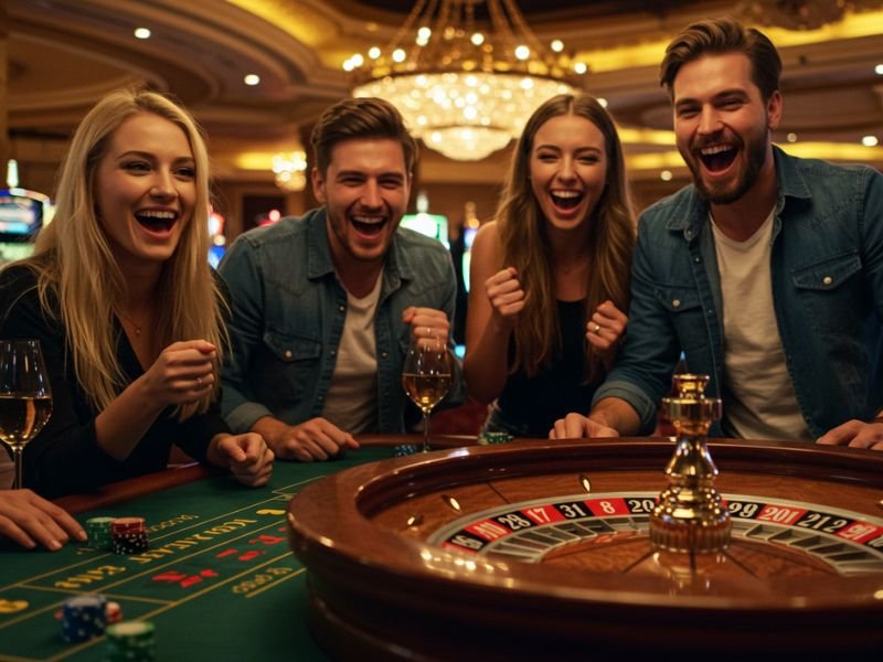 Friends enjoying gcash online gaming together at a lively casino, smiling and celebrating wins.