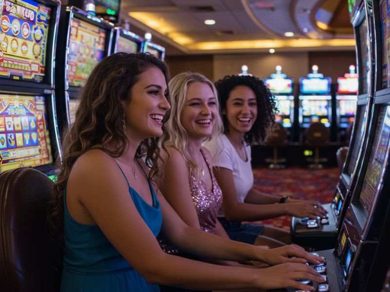 Three girls celebrating while playing casino games, showcasing a smooth Manila Pay Casino Cashout experience.