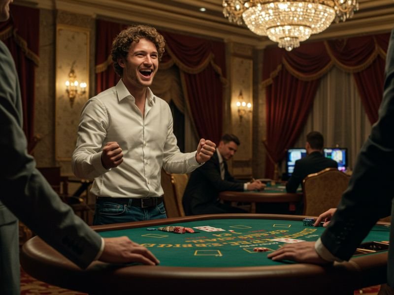 Man winning in casino and flexing his biceps at MWPlay888.net