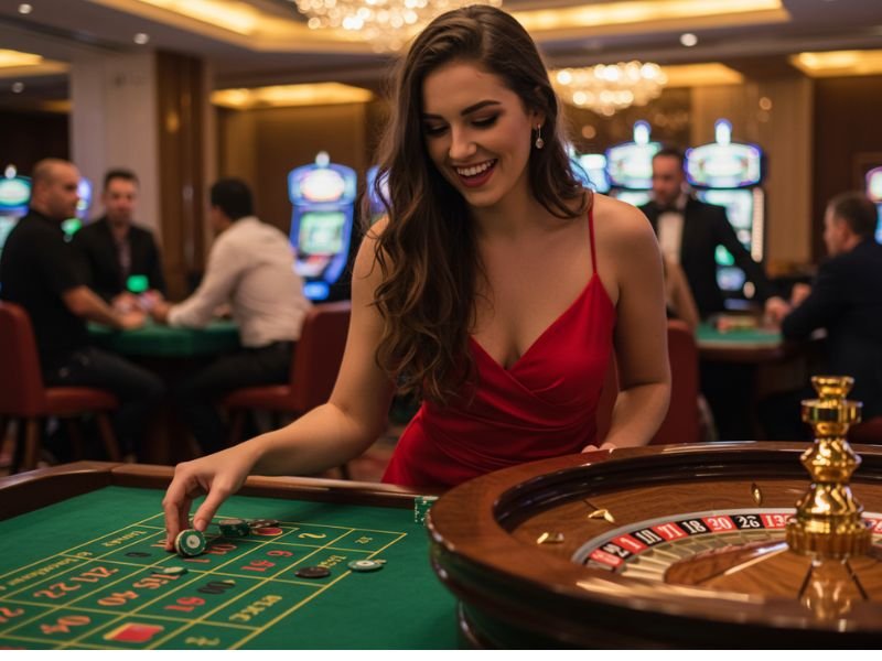 "Girl trying out Sugar Bang Bang Demo while playing in a lively casino setting"