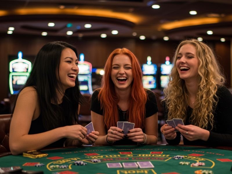 Three girls enjoying a fun moment while trying to play cards in a casino during a Sugar Bang Bang Demo session.