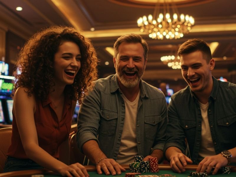 Old man and his friends enjoying a fun night at the casino with TMTPlay-Online games.