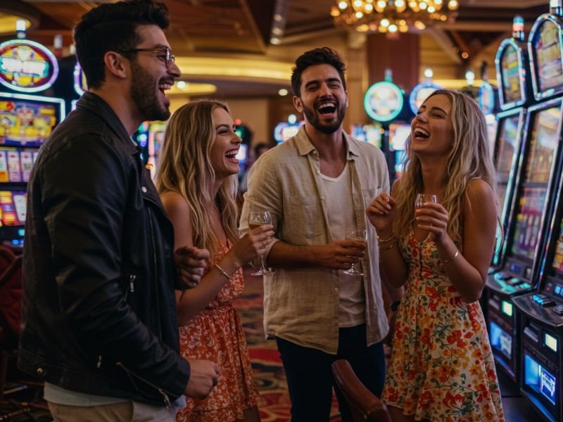 Two boys bring their girlfriends to enjoy the exciting casino atmosphere at TMTPlay-Online.